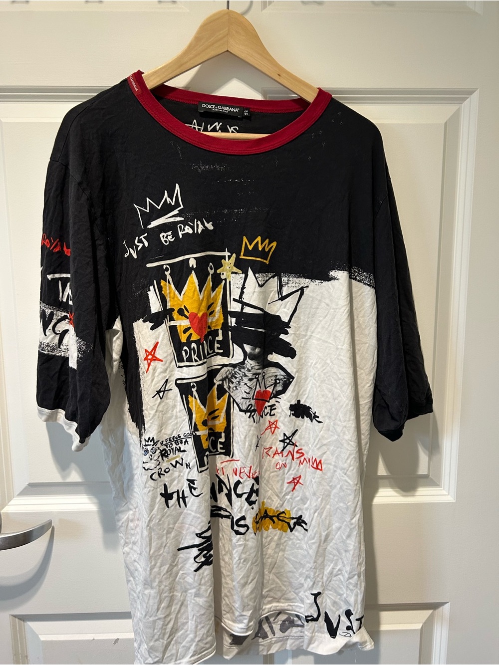 Dolce & Gabbana Black Graphic Tee with Red Neckline and Yellow Accent